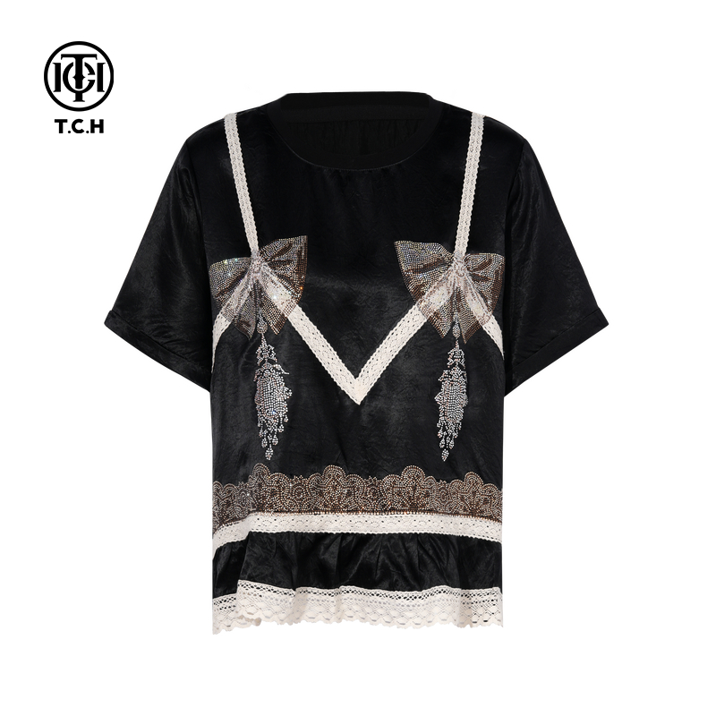 TCH私服烫钻时尚休闲百搭气质设计感假两件短袖T恤女T75B10E5167