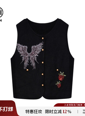 TCH时尚烫钻黑色针织马甲女秋冬叠穿开衫圆领上衣女T75D09E5042