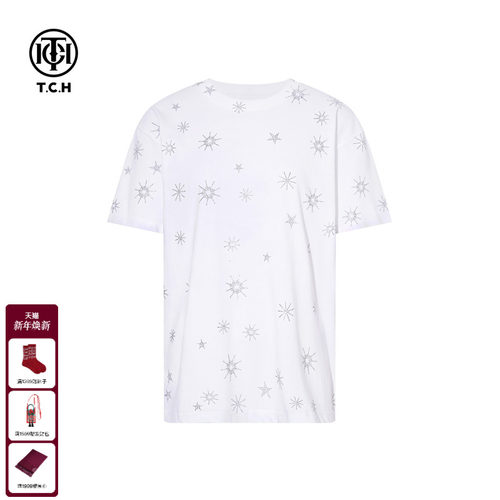 TCH2025冬上新时尚潮牌烫钻白色休闲宽松百搭短袖T恤T75D10E1008