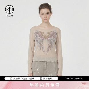 微透轻熟风打底衫 上衣女T78A02E1019A 翅膀烫钻修身 TCH2026春时尚