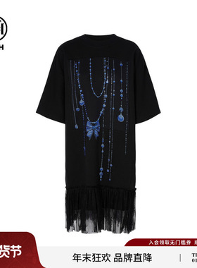 TCH私服烫钻黑色连衣裙蕾丝拼接休闲洋气宽松T恤裙女T75C30B1005