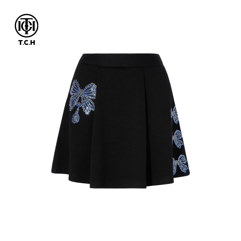 TCH私服烫钻A字高腰显瘦短裙女25秋季新款百褶半身裙T75C22E1015