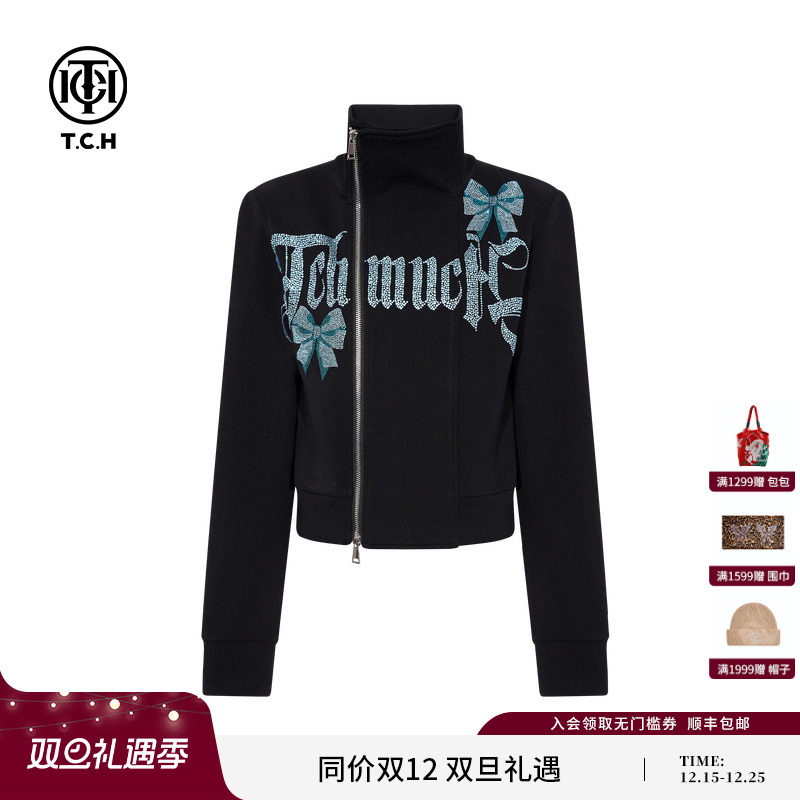 TCH私服2025秋冬新款烫钻时尚立领百搭黑色短外套女T75C27E5018