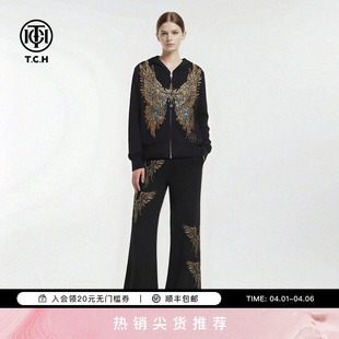 潮流套装 女T78A07E1081 烫钻翅膀黑色休闲连帽拉链外套长裤 TCH时尚