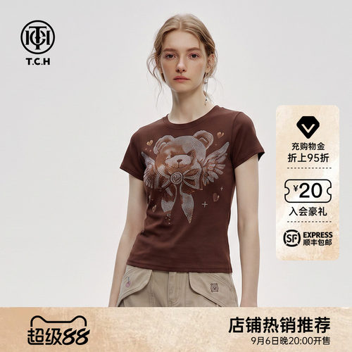 轻奢烫钻翅膀小熊圆领短袖T恤女