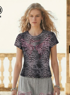 TCH烫钻斑马纹甜酷辣妹修身显瘦短袖T恤女26夏季新款T78A10E1048