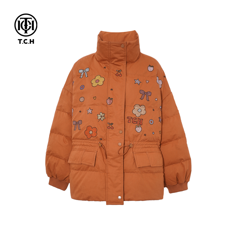 TCH私服2025冬季新款时尚烫钻保暖立领羽绒服外套女潮T75D19E5002