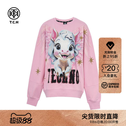 TCH时尚潮牌2026早秋新款卡通烫钻粉色圆领长袖卫衣T75C11E9012