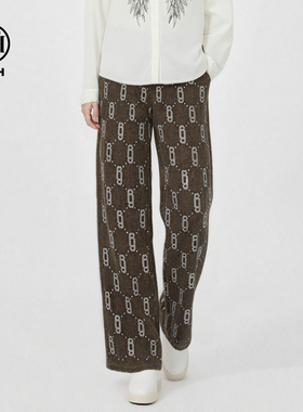 TCH26春款老钱风烫钻卡其色直筒显瘦百搭复古牛仔裤女T78A20E1138