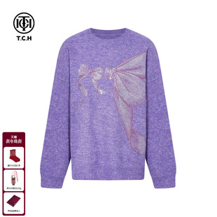 女T75D09E5033 宽松针织衫 TCH紫色蝴蝶结烫钻套头毛衣2025冬季 新款