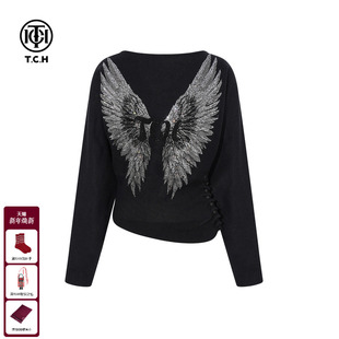 T75D09E1203 新款 TCH轻奢烫钻翅膀黑色收腰百搭针织衫 女2025冬季