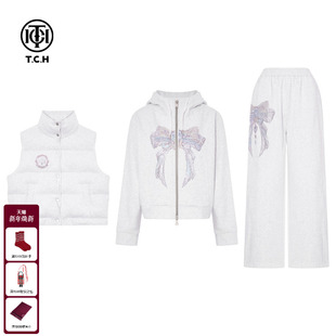 潮T75D07E1058 立领马甲套装 TCH时尚 烫钻连帽卫衣外套女加绒休闲裤