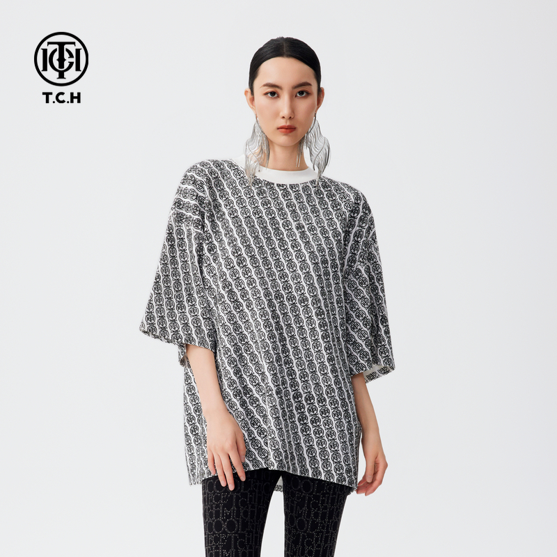 TCH烫钻满印LOGO短袖T恤时尚百搭男女同款2024秋季新款T72C106066