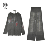 TCH烫钻慵懒风宽松V领连帽毛衣女背心休闲裤 针织套装 T78A07E5001