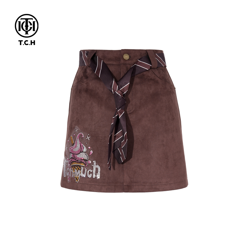 TCH私服烫钻高腰复古短裙女2025秋季新款时尚半身裙女T75C22E1018