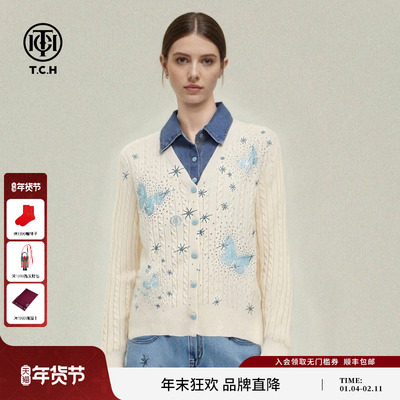 TCH26春新款蓝钻蝶星牛仔拼接翻领绞花修身针织开衫女T78A43E1027