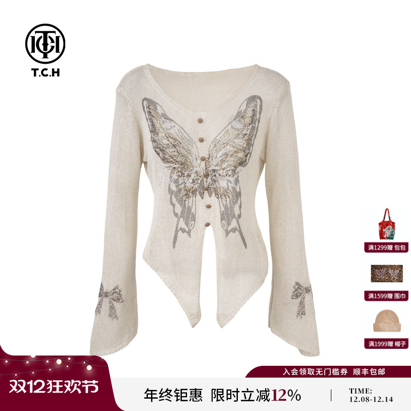 TCH私服烫钻蝴蝶V领时髦不规则针织衫女2025夏季新款T75A09E5058