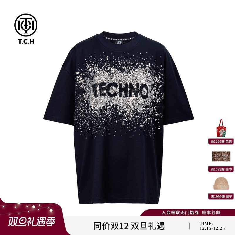 TCH轻奢满天星烫钻时尚百搭宽松潮牌短袖T恤男女同款T75C10E9018