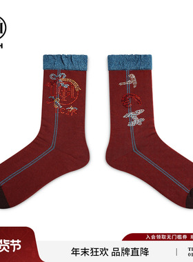 TCH红墙复古拼色本命年烫钻保暖耐穿中筒袜秋冬棉袜子T75D55E1040