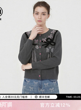 TCH【100%绵羊毛】春款时尚烫钻蝴蝶结灰色针织开衫女T78A43E1073