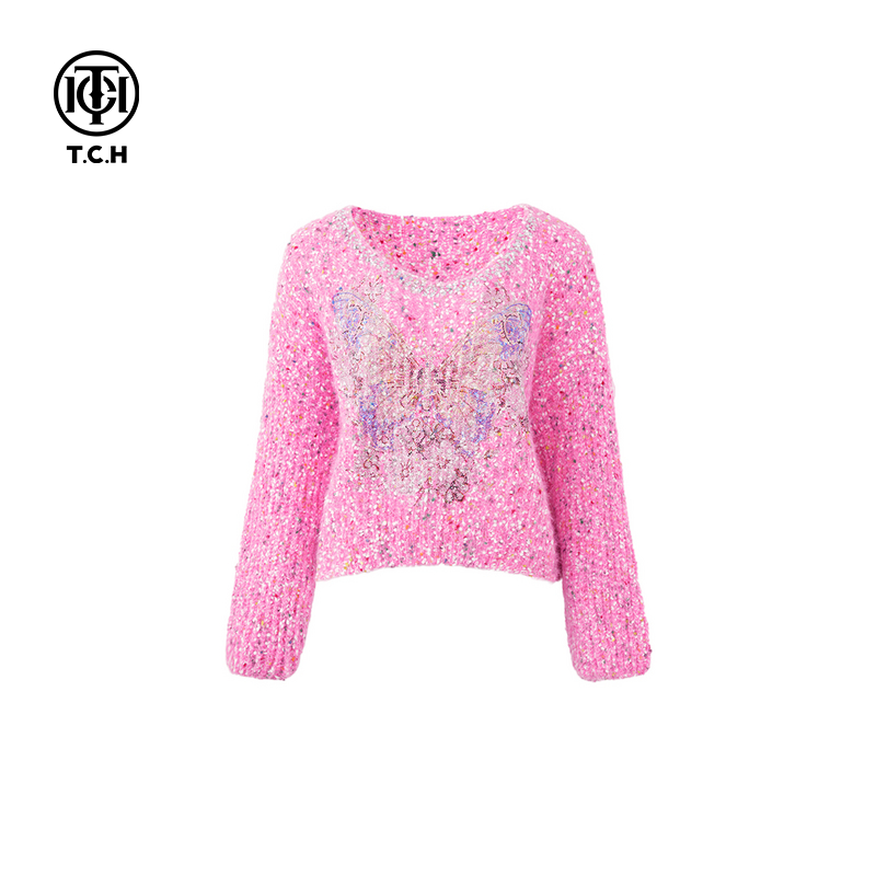 TCH私服烫钻蝴蝶时尚百搭长袖气质针织衫秋冬新款T72C09E5158