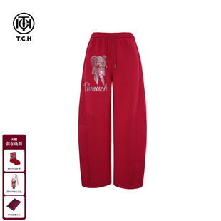 TCH私服25秋冬新款 女T75D20E1039 慵懒风烫钻潮流红色阔腿休闲裤