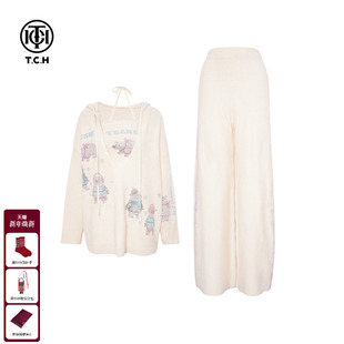 女T75D07E5023 针织套装 TCH时尚 烫钻米色背心宽松连帽毛衣休闲长裤