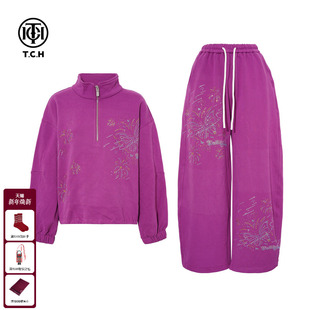 套装 烫钻紫色卫衣休闲裤 女T75D07E1082 百搭时尚 TCH2025秋冬新款