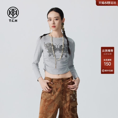 TCH秋新款烫钻蝴蝶长袖T恤女时尚收腰显瘦打底衫T72C086001