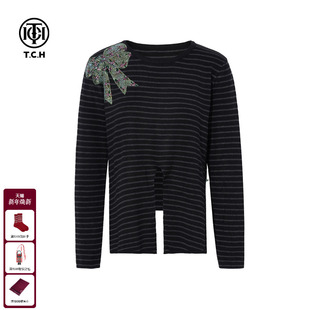 女T75C09E5165 条纹打底针织衫 TCH私服2025秋冬新款 清冷感烫钻时尚