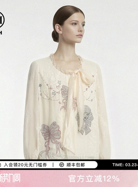 TCH系带提花烫钻蝴蝶结喇叭袖轻薄米白色衬衫上衣女T78A13E1027