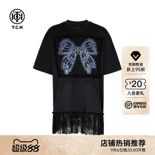 TCH蝴蝶结烫钻蕾丝拼接宽松韩版显瘦短袖T恤女夏T75C10B1010