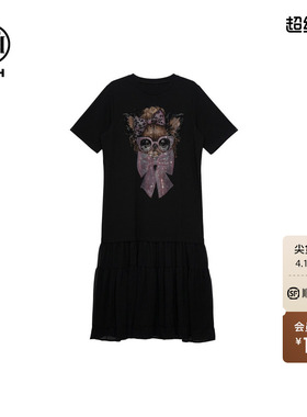 TCH时尚小猫烫钻荷叶边下摆宽松黑色连衣裙女春夏新款T78B30E1003
