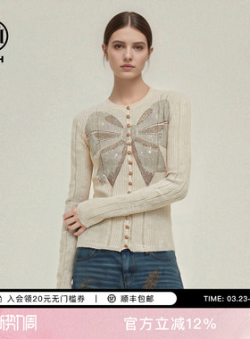 TCH温柔轻熟风修身坑条烫钻蝴蝶结针织开衫打底上衣女T78A43E1052