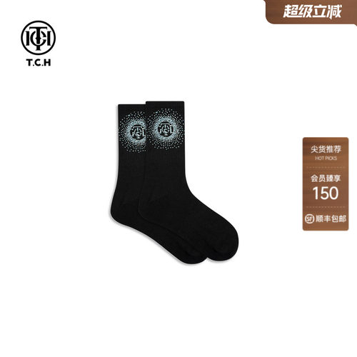 TCH时尚潮牌烫钻休闲百搭黑色中筒袜女T75D55E1005