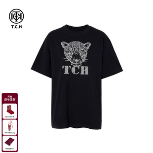 T恤潮T75D10E1005 烫钻黑色休闲宽松短袖 TCH2025冬季 上新百搭时尚