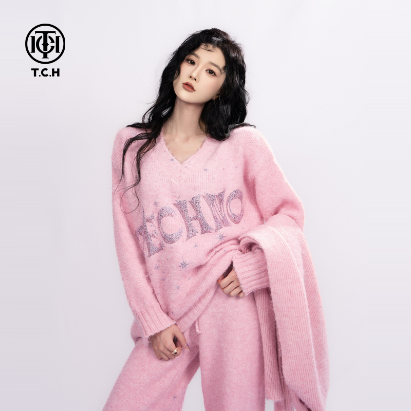 TCH私服25秋冬新款烫钻时尚少女粉毛衣休闲裤女三件套T75D07E1029