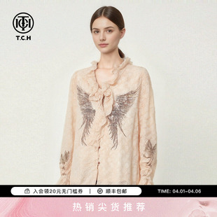 TCH2026春新款 上衣女T78A13E1010 烫钻天使之翼蕾丝荷叶边V领衬衫