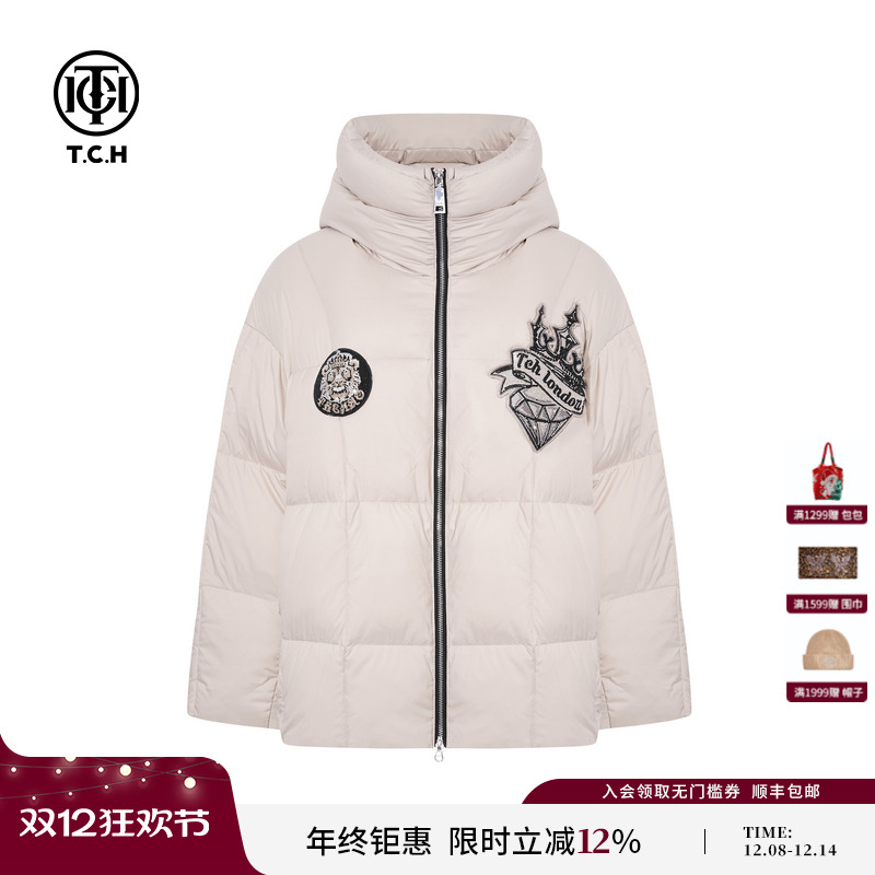 TCH潮牌烫钻连帽白鸭绒中长款羽绒服外套2025冬季新款T75C19E9017