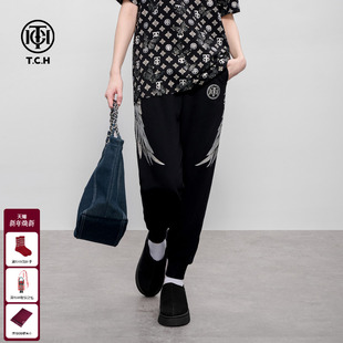 2025春夏新款 TCH烫钻翅膀潮牌黑色休闲百搭洋气卫裤 束脚直筒长裤