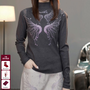 TCH秋冬时尚 上衣女T75D09E1246 百搭翅膀烫钻深灰色休闲高领针织衫