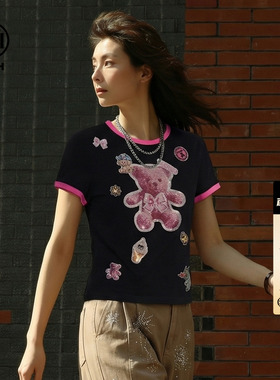 TCH烫钻小熊撞色短袖T恤女2026夏新款修身显瘦甜酷上衣T78B106082