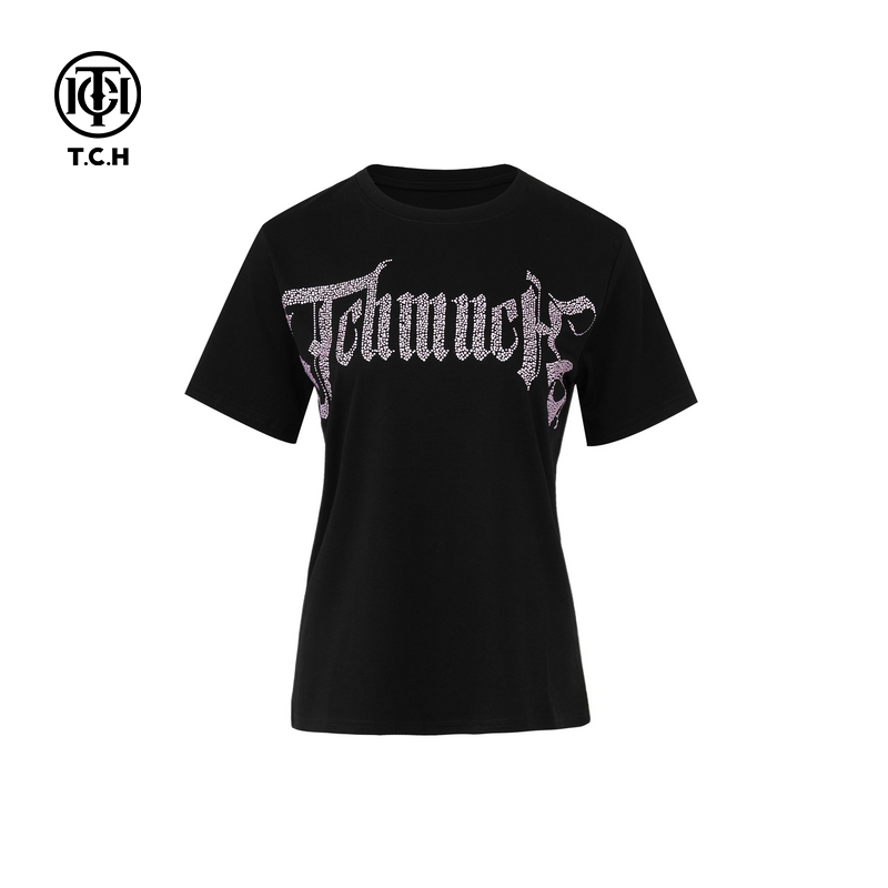 TCH私服时尚字母烫钻宽松短袖T恤25夏季新款T75A10E5012