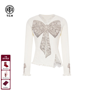上衣女T75D09E1171 蕾丝打底针织衫 TCH时尚 烫钻蝴蝶结气质百搭修身