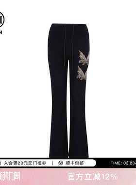 TCH蝴蝶烫钻百搭显瘦黑色加绒修身微喇裤女2025冬新款T75D20E1172