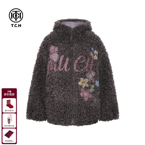 TCH私服慵懒烫钻时尚宽松毛毛棉服外套女2025冬季新款T75D18E5001