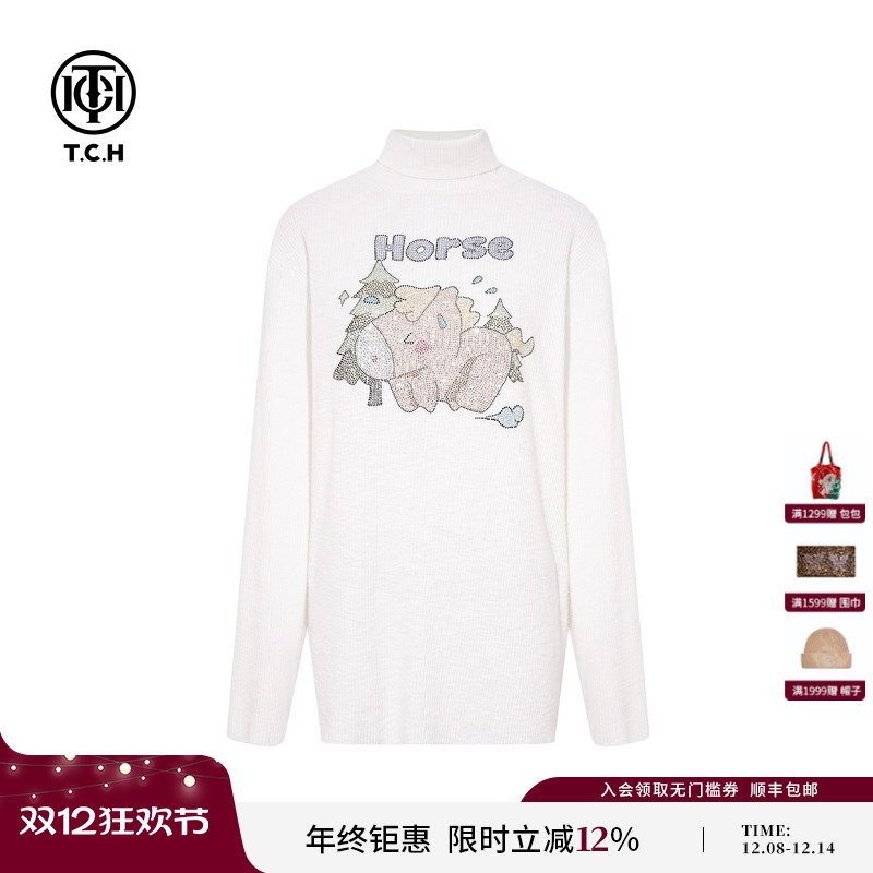 TCH2025秋冬新款时尚烫钻白色半高领长袖打底针织衫女T75D09E1130