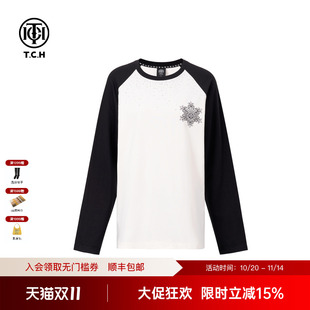 2025春夏新款 TCH黑白撞色宽松休闲插肩袖 T恤男女同款 烫钻长袖 个性