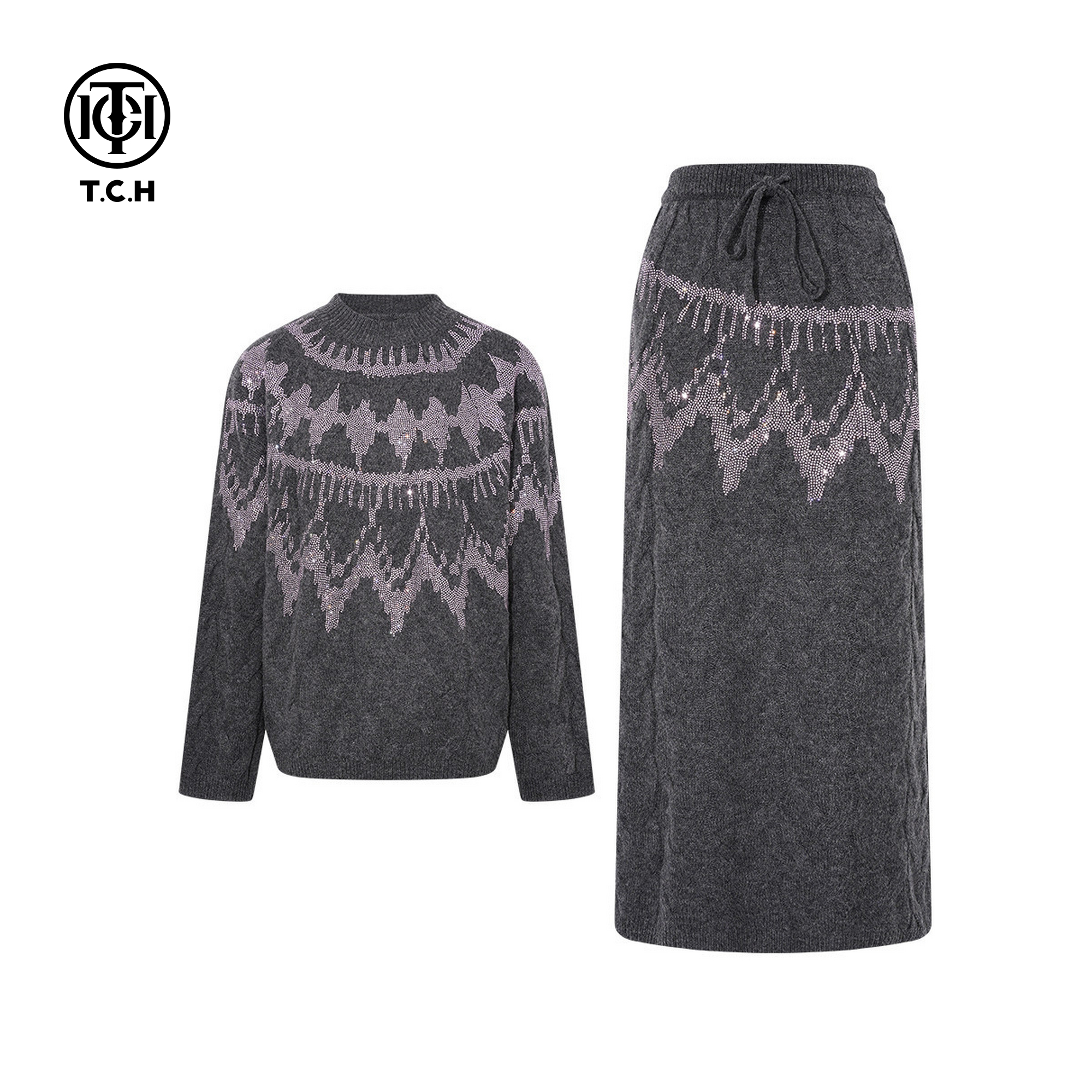 TCH时尚烫钻圆领毛衣半身长裙针织套装女2025秋冬新款T75D07E1073