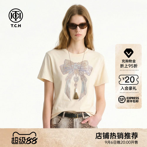 TCH蝴蝶结烫钻米白短袖T恤女夏季